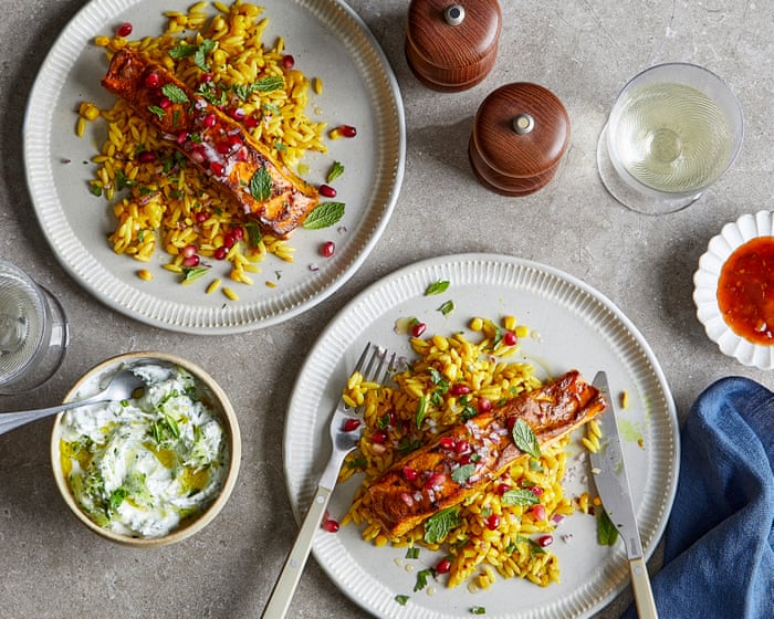 Grilled salmon tikka with fragrant orzo and mint raita recipe