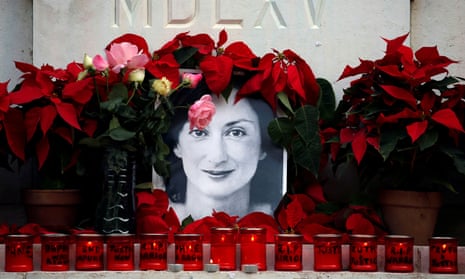 A memorial to Daphne Caruana Galizia created by protesters outside court in Valleta in December 2019