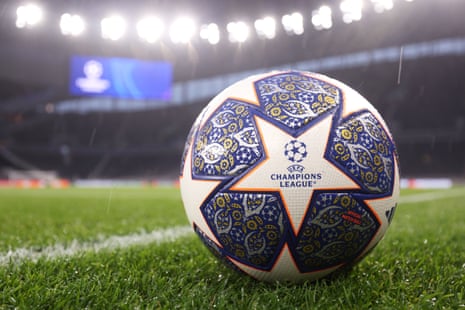 The Championss League match ball poses for the cameras at the Tottenham Hotspur Stadium.