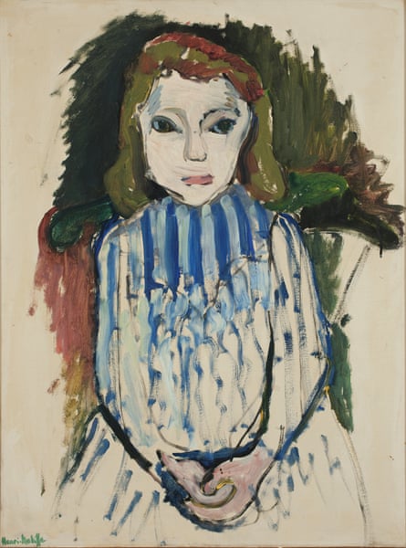sketch-like or unfinished painted image of a young girl who sits with her hands clasped; she wears a high-necked dress with blue stripes painted in at the collar and has brown hair, set against brown and green behind her head