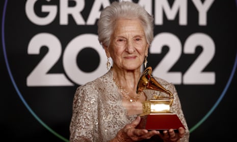 Angela Alvarez holds her Grammy for best new artist. She encouraged all dreamers to keep their wildest hopes burning bright.