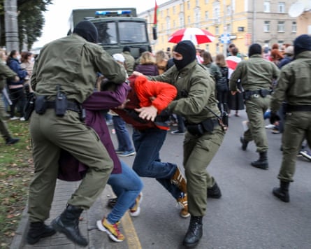 Police officers detain protesters during a rally in Minsk in September 2020.