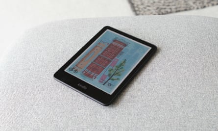 The Kindle Colorsoft on a piece of furniture.