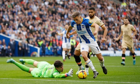 Brighton v Chelsea, Newcastle v Aston Villa: Premier League – live | Premier League 8 Brighton’s Leandro Trossard goes around Chelsea keeper Kepa Arrizabalaga before scoring their first goal.
