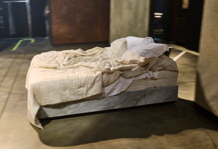 The bed moves on tracks to assist its appearances and disappearances through the performance.