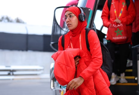 Morocco defender Nouhaila Benzina arrives at the Melbourne Rectangular Stadioum ahead of her team’s match against Germany.