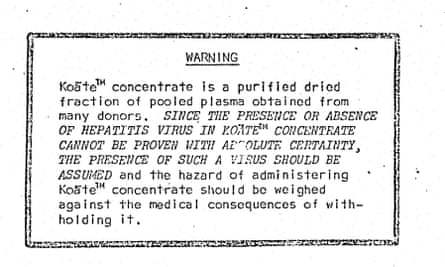 Koate Bayer-owned Cutter Laboratories, manufacturer of commercial blood product Koate, warned the presence of virus ‘should be assumed’.