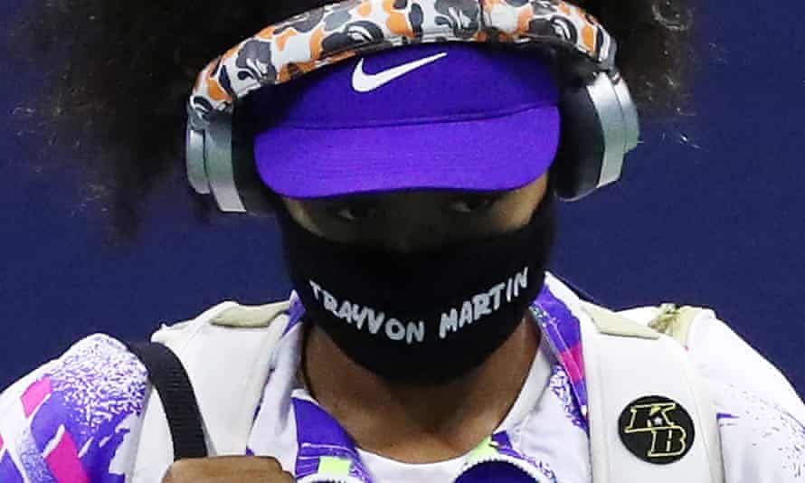 Naomi Osaka wearing a face mask with the name of Trayvon Martin at the US Open last year, showing her support for Black Lives Matter.