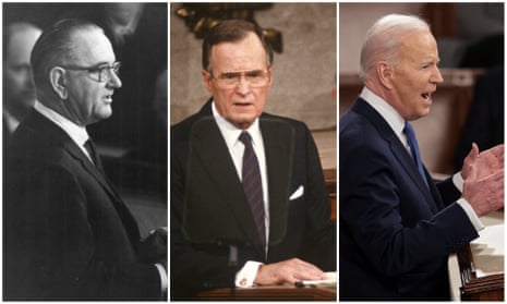 Lyndon B Johnson, George HW Bush and Joe Biden delivering State of the Union speeches to Congress.