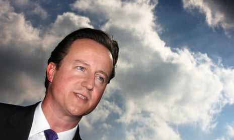 A close-up image of David Cameron, showing his head and shoulders, against a blue sky with white clouds.