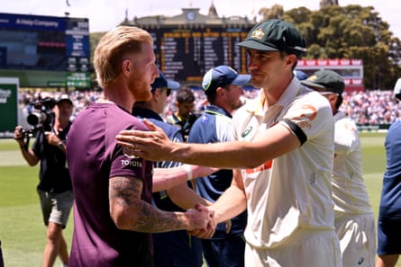 Pat Cummins shakes hands with England captain Ben Stokes after the match