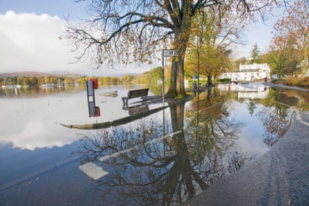 A Flooded road at Waterhead on Windermere
