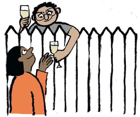 Illustration of neighbours having a glass of wine together over a fence