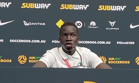 Garang Kuol talks to the media in Qatar ahead of Australia’s game against world champions France on Tuesday.  
