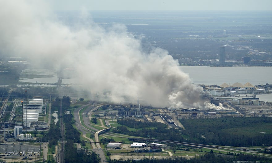 A chemical fire burns at a facility during the aftermath of Hurricane Laura in Lake Charles on Thursday.