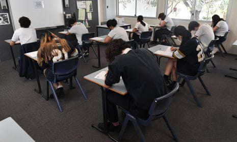 Students sitting an exam in a classroom
