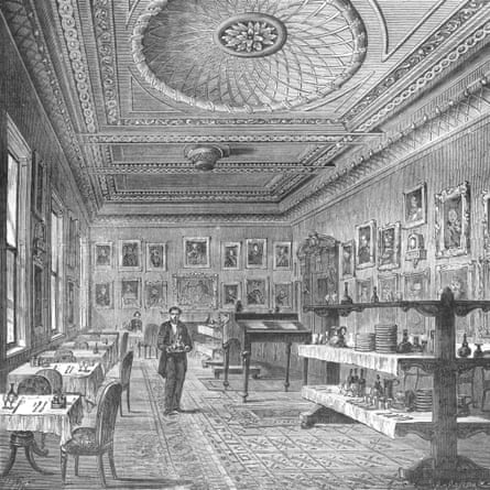 Black and white drawing of the Garrick Club dining room, with a suited waiter carrying a dish on a silver platter