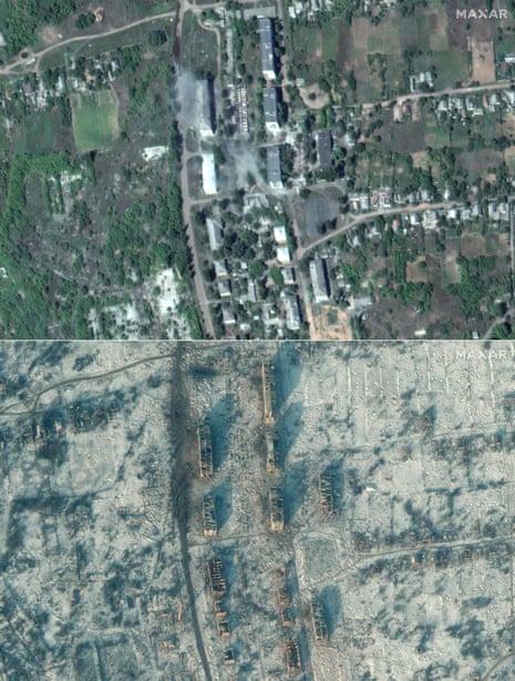 This combination of handout satellite images by Maxar Technologies shows the buildings and roads on 1 August 2022 compared with an image of destroyed buildings at the same location taken on 10 January 2023, in southern Soledar, near Bakhmut in eastern Ukraine