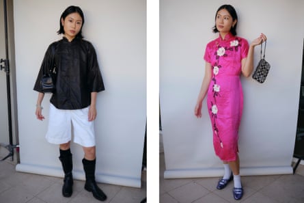 Side by side of Isabella wearing her grandma’s clothes