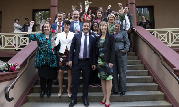 Independent MP Alex Greenwich (centre left) and co-sponsoring MPs outside parliament after abortion was decriminalised