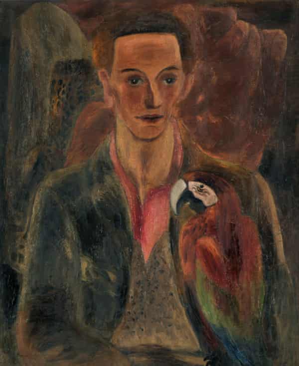 A painting of Cedric Morris in a dark green jacket and pink tie on a dark brown background
