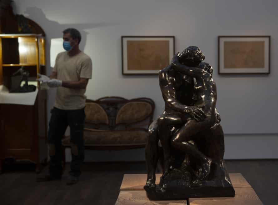Auguste Rodin’s “The Kiss,” is on display in a gallery of the Israel Museum after five months in storage during the five-month closure.