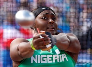 Oyesade Olatoye of Nigeria winds up a hammer throw.