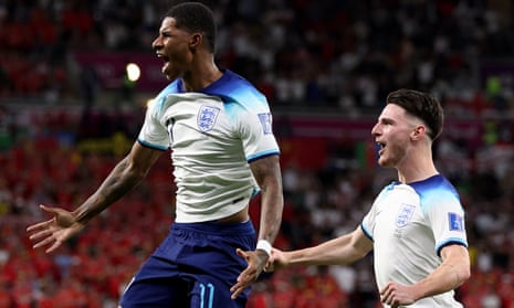 Marcus Rashford of England celebrates after scoring team's first goal during  World Cup Qatar 2022