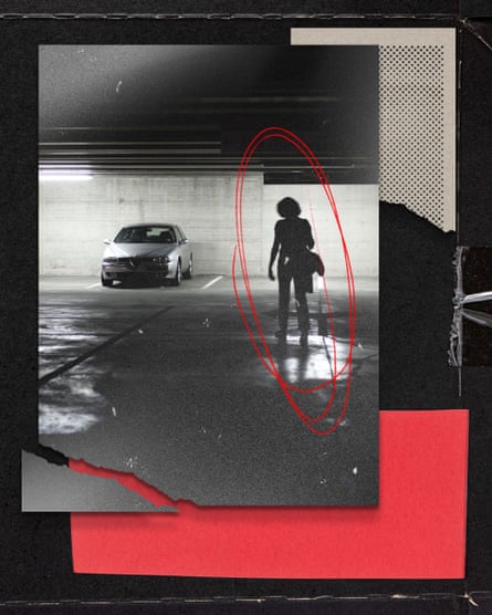 A woman alone in a car park, circled in red.