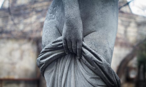 front view detail closeup of old woman stone sculpture statue with hand covering naked body with cloth<br>M3MR38 front view detail closeup of old woman stone sculpture statue with hand covering naked body with cloth vagina