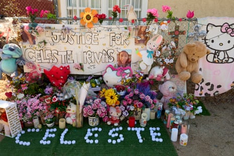 A memorial with flowers, stuffed animals, candles, and a banner reading 'Justice for Celeste Rivas' outside a home
