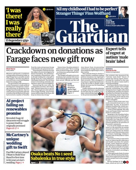The front page of the Guardian 6 July 2026
