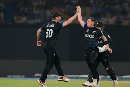 New Zealand’s Cole McConchie celebrates taking the wicket of Ryan Rickelton