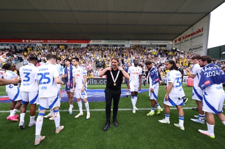 Daniel Farke at the centre of Leeds’ promotion celebrations last season