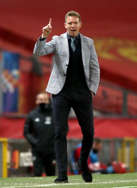 RB Leipzig head coach Julian Nagelsmann in an eye-catching blazer at Old Trafford in 2020