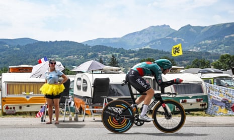 Bora-Hansgrohe's Jordi Meeus cycles during the 16th stage of the 110th edition of the Tour de France cycling race, 22.4 km individual time trial between Passy and Combloux, in the French Alps.
