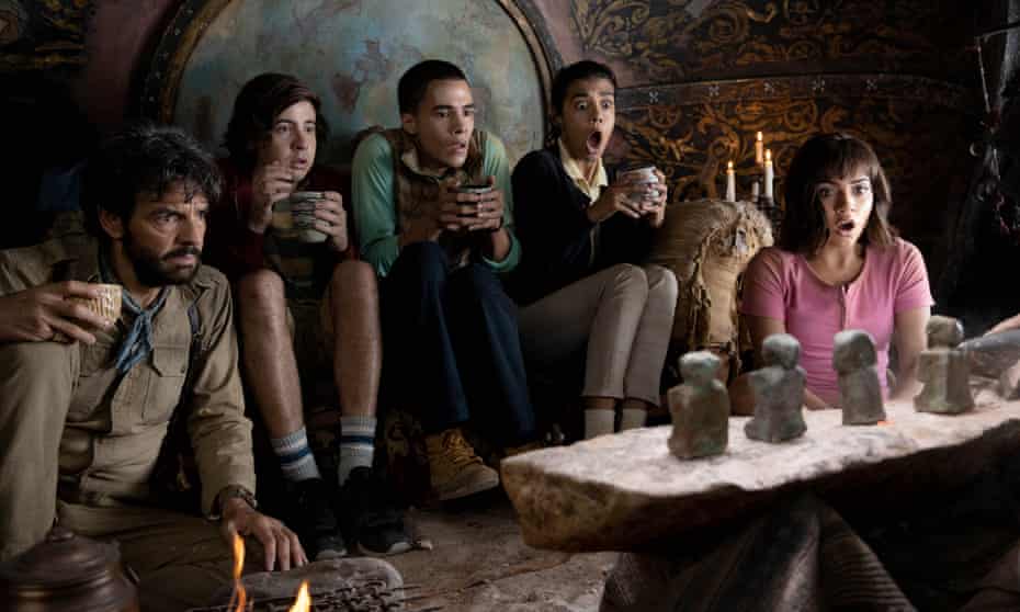 Isabela Moner, far right, with (l-r) Eugenio Derbez, Nicholas Coombe, Jeffrey Wahlberg and Madeleine Madden in Dora and the Lost City of Gold.