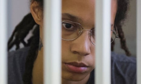 Brittney Griner inside a defendants’ cage in Khimki outside Moscow in August.