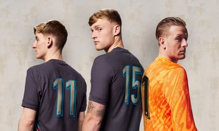 Left to right: Anthony Gordon, Jarrad Branthwaite and Jordan Pickford wear nameless England shirts. 