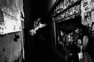 black and white image shows two women standing near a pigeon which is caught in dramatic flashlight mid-air
