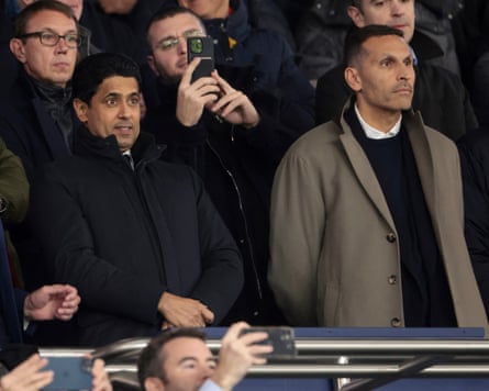 The PSG chair, Nasser-al-Khelaifi, and his Manchester City counterpart Khaldoon-al-Mubarak watch their teams play.