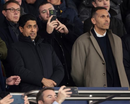 The Manchester City president, Khaldoon Al Mubarak, watches his team play Paris Saint-Germain in the Champions League, alongside PSG’s president, Nasser Al Khelaifi.