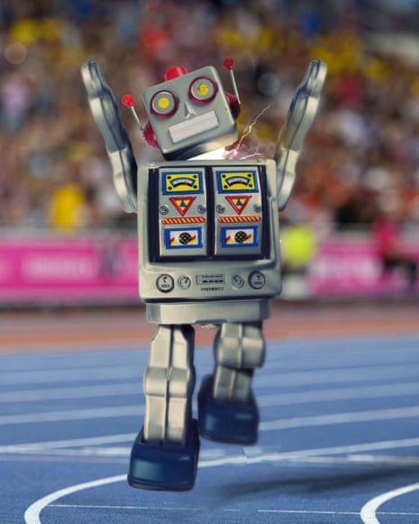 A photo composite of a retro robot running on an athletics track whilst sparks fly from it.