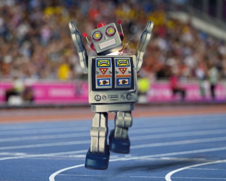 A photo composite of a retro robot running on an athletics track whilst sparks fly from it.