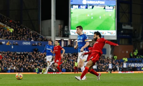 Mohamed Salah scores against Everton, one of 19 this season for the Liverpool striker.