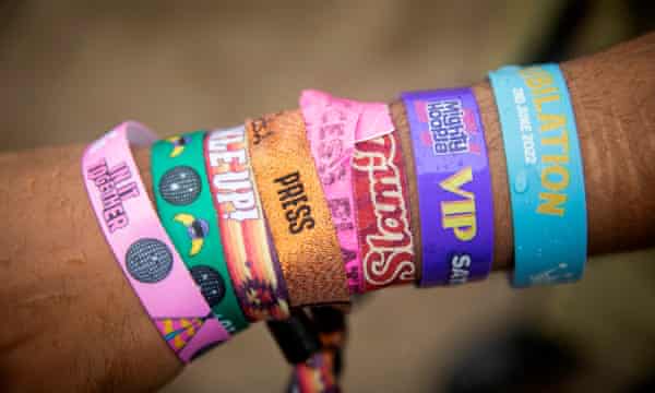 Wrist of fun … Rhik’s six wristbands from four days of festivals.