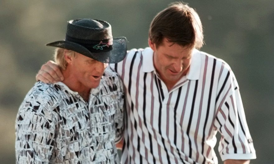 Nick Faldo and Greg Norman walk off the 18th after the 1996 Masters