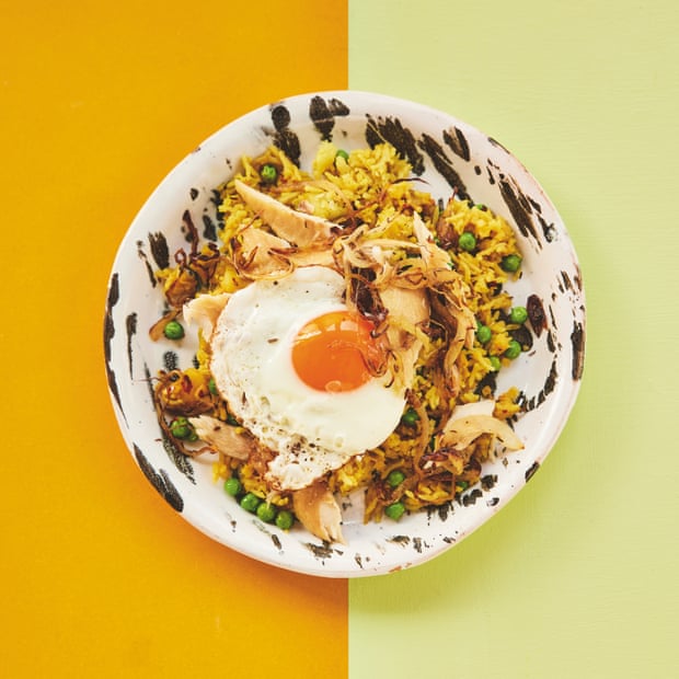 Rukmini Iyer’s kedgeree of potatoes, mackerel, rice, lentils and peas.