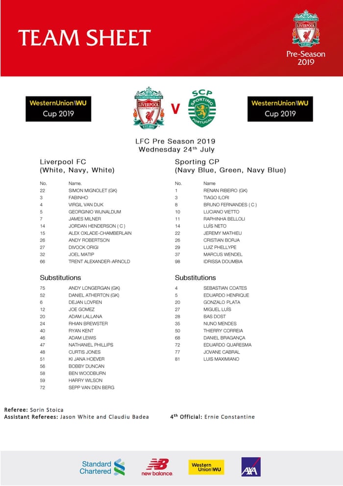 Liverpool 2 2 Sporting Lisbon Western Union Cup As It Happened Football The Guardian