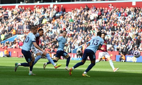 Aston Villa's Morgan Rogers scores their second goal against Brentford.